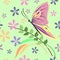 Seamless vector pattern with insects, background with colorful closeup butterfly, flowers and branches with leaves