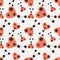 Seamless vector pattern with insects, background with red stylized decorative ladybugs on the grey lined backdrop.