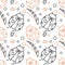 Seamless vector pattern with insects, chaotic background with black and red ladybugs and leaves on the white backdrop