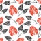 Seamless vector pattern with insects, chaotic background with bright decorative red closeup ladybugs and black leaves,