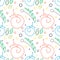 Seamless vector pattern with insects, chaotic colorful background with snails, leaves and dots