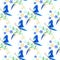 Seamless vector pattern with insects, colorful background with blue butterflies, flowers and branches with leaves