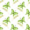 Seamless vector pattern with insects, colorful background with green butterflies and branches with leaves om the white backdrop