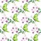 Seamless vector pattern with insects, colorful background with green butterflies, flowers and branches with leaves