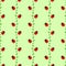 Seamless vector pattern with insects, symmetrical background with bright little ladybugs and branches with leaves, on the green ba
