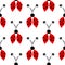 Seamless vector pattern with insects, symmetrical background with red hand drawn decorative ladybugs on the white backdrop.