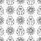 Seamless vector pattern with insects, symmetrical black and white background with ladybugs and daisies