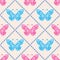 Seamless vector pattern with insects, symmetrical blue and pink background with butterflies. Decorative ornament