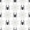 Seamless vector pattern with insects, symmetrical geometric black and white background with spiders and spiders web