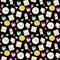 Seamless vector pattern with kawaii breakfast things on black ba