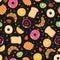 Seamless vector pattern with kawaii breakfast things on black background perfect for wrapping paper backgrounds etc