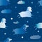 Seamless vector pattern with lambs flying in the sky. Sheeps fly among the clouds.