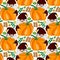 Seamless vector pattern with little autumns Gnomes with pumpkin and leaf