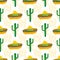 Seamless vector pattern with mexican festive symbols silhouettes: cactus, sombrero