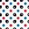 Seamless vector pattern with a mustache, beard, and decorative stars. Black, red, blue elements on a white background