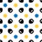 Seamless vector pattern with a mustache, beard, and decorative stars. Blue, yellow, black elements on a white background
