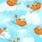 Seamless vector pattern with orange flying bird and clouds.