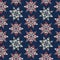Seamless vector pattern of ornamental lined abstract flower snowflakes on blue
