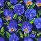 Seamless vector pattern with Pansies, blue and yellow Violas, realistic Flowers with lettuce leaves on dark background.