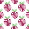 Seamless vector pattern with pink decorative ornamental beautiful strawberries and dots on the white background