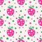 Seamless vector pattern with pink decorative ornamental cute strawberries and dots on the white background.