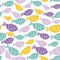 Seamless vector pattern with pink, green and yellow fishes in scandinavian minimalist modern style.