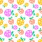 Seamless vector pattern with pink and yellow decorative ornamental cute strawberries and dots on the white background.