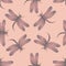 Seamless vector pattern with purple shiny dragonfly on a tender pink background.