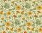 Seamless vector pattern with red and yellow nasturtium flowers and leaves on beige background