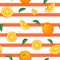 Seamless vector pattern of ripe orange fruit. Striped background with delicious juicy oranges slice half leaves. Vector