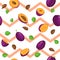 Seamless vector pattern of ripe plums fruit. Striped background with delicious juicy plum, whole, slice, half, leaves