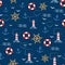 Seamless vector pattern with sea anchors, helms, lifebuoys, seagulls and lighthouses. Texture for wrapping paper, gifts