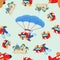 Seamless vector pattern with skydiver cat, parachute and planes. Design concept for kids textile print, nursery wallpaper,