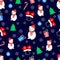 Seamless vector pattern with snowman, Christmas tree and gifts.