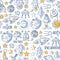 Seamless vector pattern Space, satellite, moon, stars, spacecraft, space station Space hand drawn doodle icons and