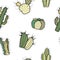 Seamless vector pattern of stickers with different cacti on white background.
