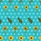 Seamless vector pattern with sunflowers on turquoise polka dots background