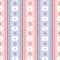 Seamless vector pattern. Symmetrical geometric background with red and blue squares and flowers on the white backdrop. Decorative