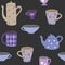 Seamless vector pattern with tea cups and teapots on a dark background.