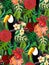 Seamless vector pattern with tropic bird toucan with exotic flowers and palm leaves.