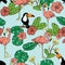 Seamless vector pattern. tropical print with leaves and birds. Monstera leaves, flowers, flamingos and toucan. tropical color patt