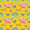 seamless vector pattern with umbrella, rainboots, rainbow and hearts on the yellow background