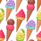 Seamless vector pattern of varied colorful ice cream cones.