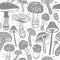 Seamless vector pattern of various dangerous mushrooms. Fantasy hand drawn concept of toadstools. Stylized image