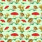 Seamless vector pattern with vegetables, background with closeup mushrooms and grass: fly agaric, chanterelle and porcini mushroom