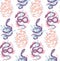 Seamless vector pattern with violet snakes and stems on white background. Animalistic texture with curled serpents and herbs in