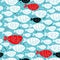 Seamless vector pattern with white, red and black fishes in scandinavian minimalist modern style.