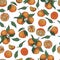 Seamless vector pattern of whole and peeled tangerines and leaves on a white background