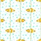 Seamless vector pattern with yellow fishes, seaweed and bubbles on the white background