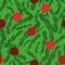 Seamless vector polka dots christmas pattern with red baubles and green background with tree branches